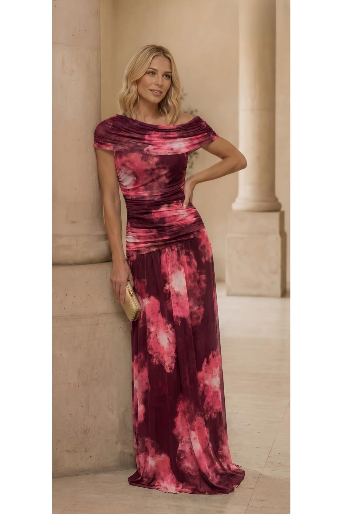 VESTIDO TUL LARGO ESTAMPADO DRAPEADO 2703